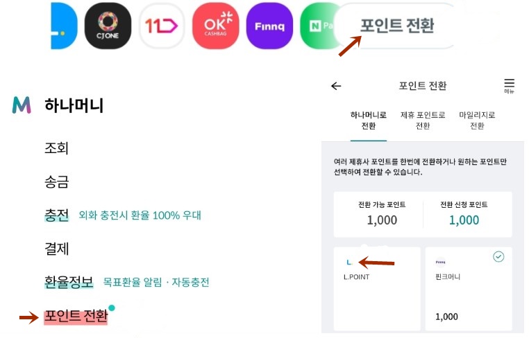 하나머니 포인트 전환 방법